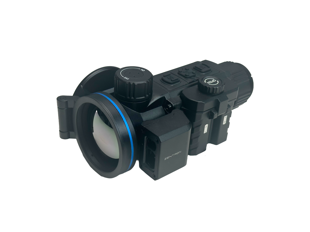 Q50R viewed from the lens side, showing its built-in laser rangefinder