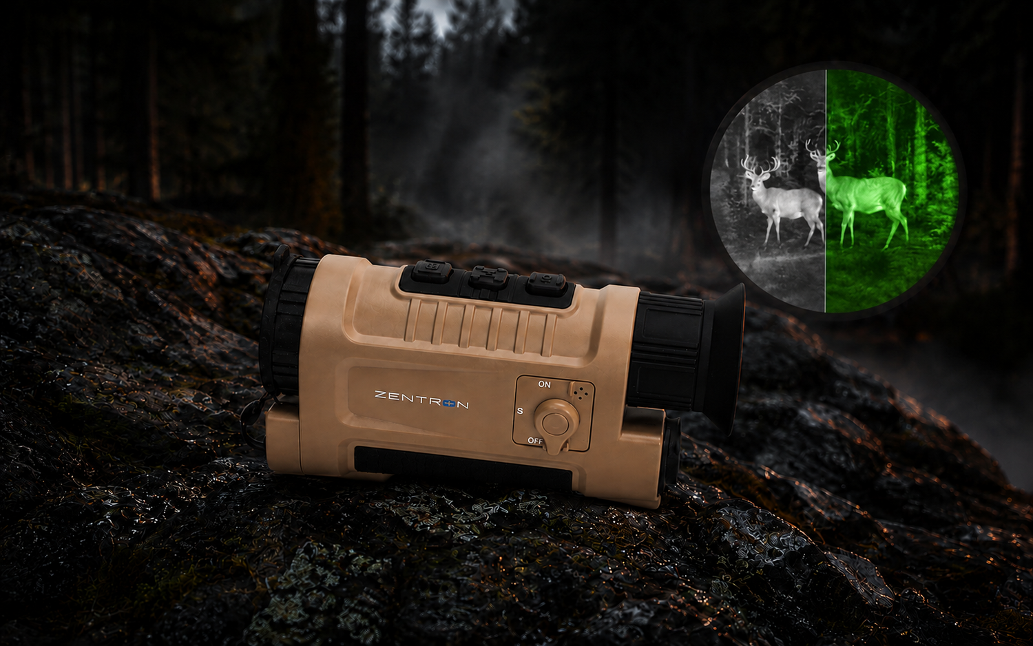 Zentron M6 PRO thermal monocular with its distinctive ON S OFF toggle switch and white-hot green-hot thermal views