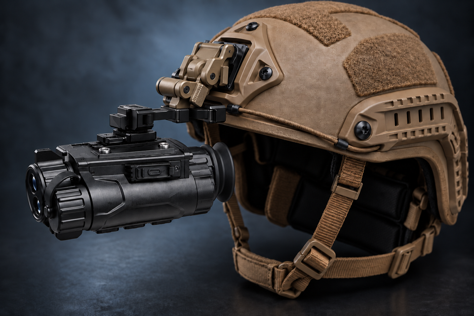 MEGA CQ25R inverted on a helmet mount and bridge with a short eyecup, tactical concept illustration