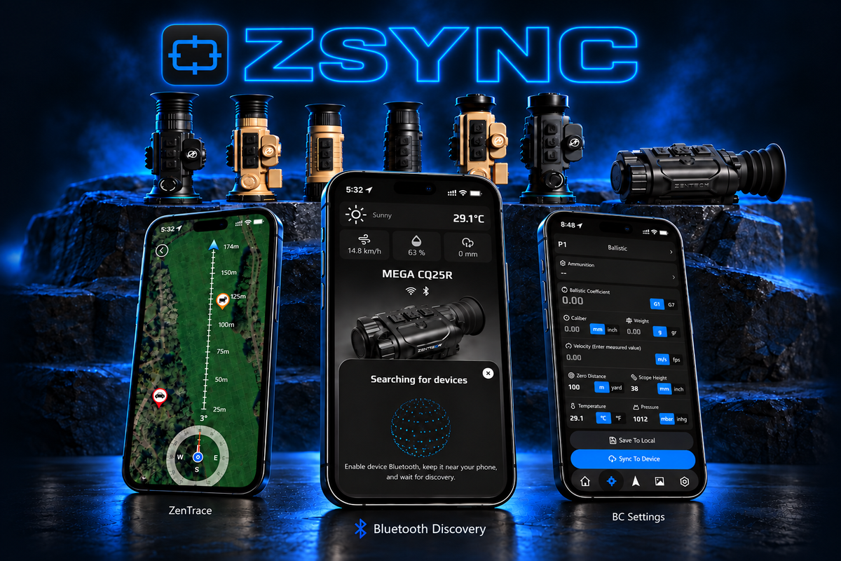 ZSYNC app icon and wordmark above Zentron thermal devices and three ZSYNC app screens